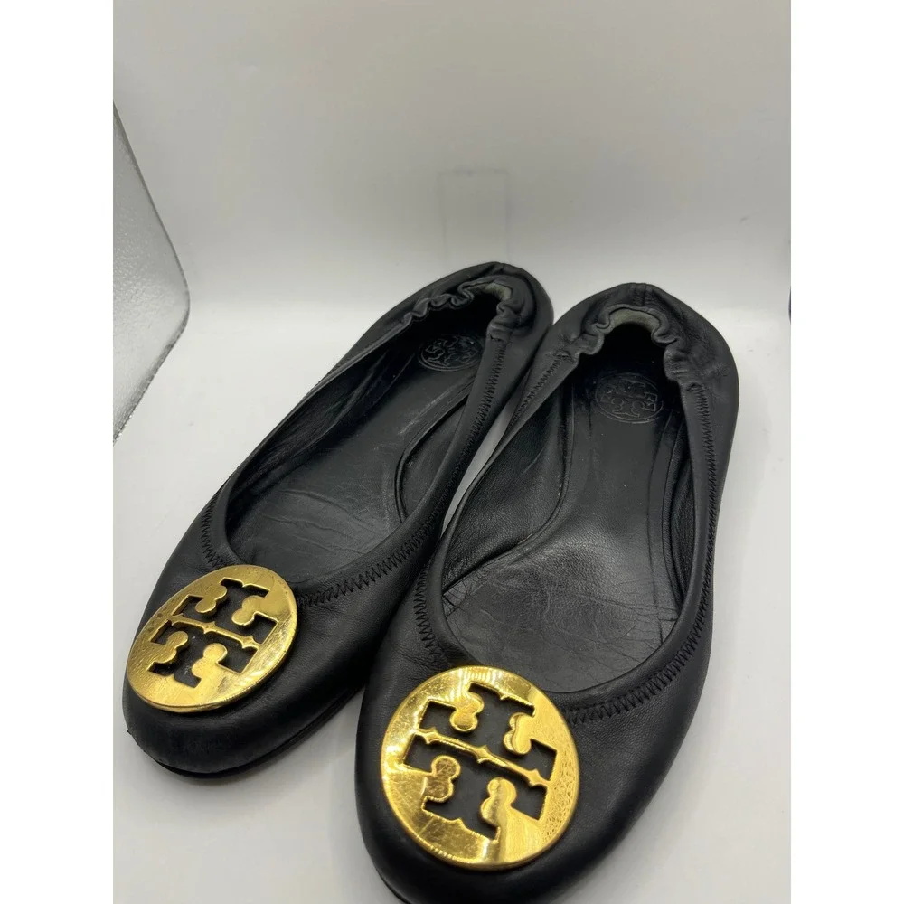 Tory Burch Black Leather Minnie Travel‎ Ballet Flats Gold Logo Women's Size
